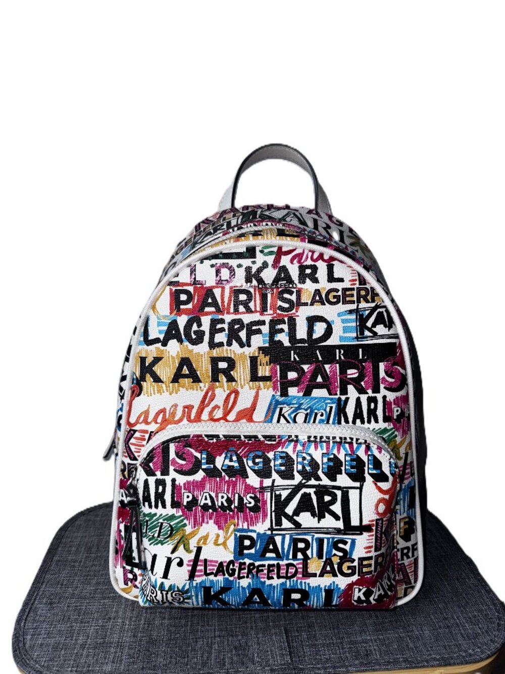 Karl Lagerfeld Paris Graffiti Logo Backpack Multi Color White Graphic Print